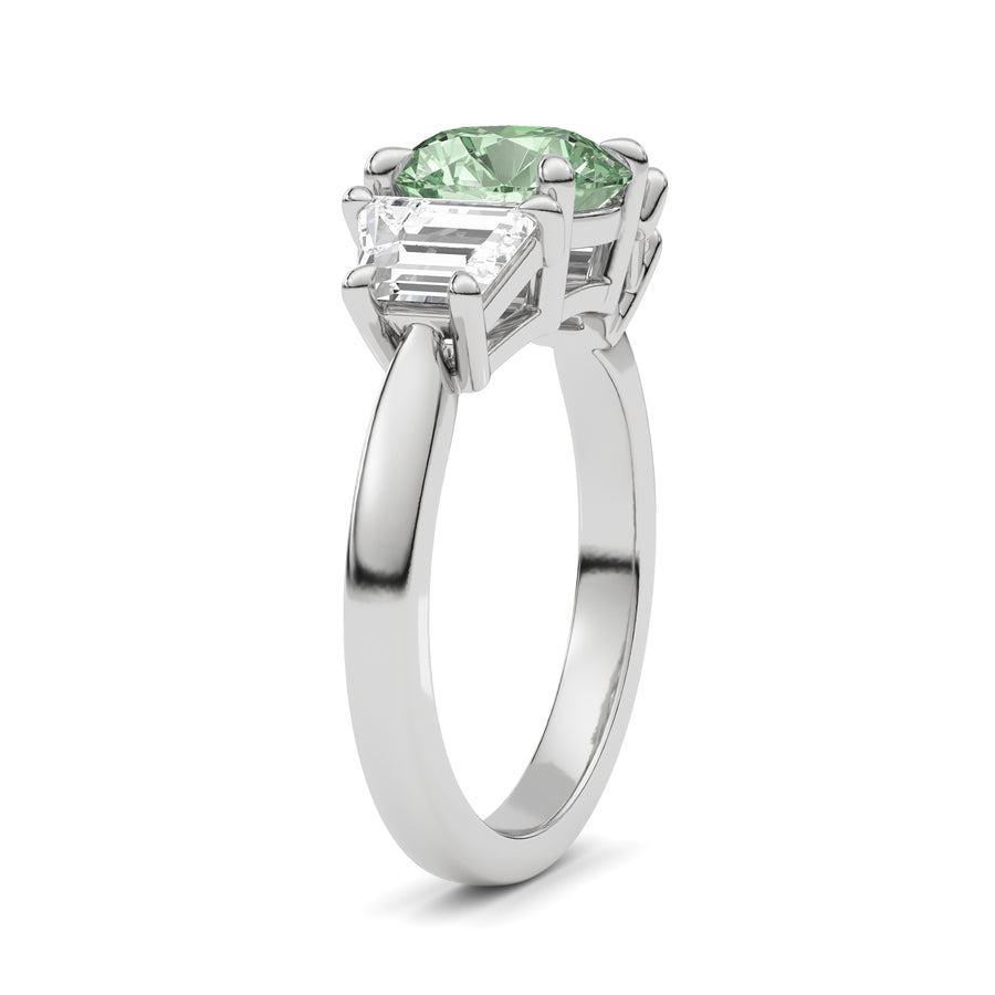White gold Three-Stone Fancy Green Round Cut Diamond Ring with Step-Cut Side Stones