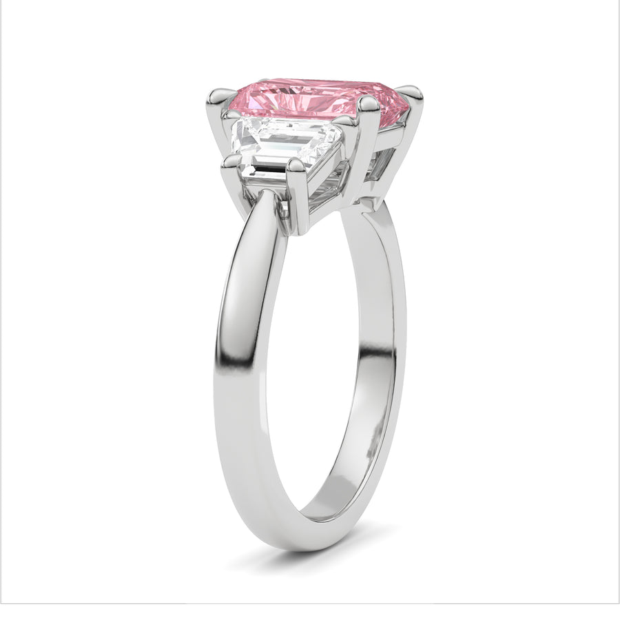 White gold Three-Stone Fancy Pink Radiant Cut Diamond Ring with Step-Cut Side Stones