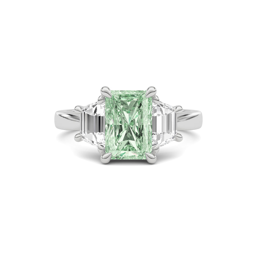 White gold Three-Stone Fancy Green Radiant Cut Diamond Ring with Step-Cut Side Stones