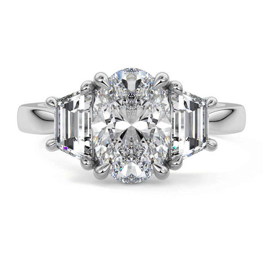 White gold Three-Stone Oval Diamond Ring with Step-Cut Side Stones