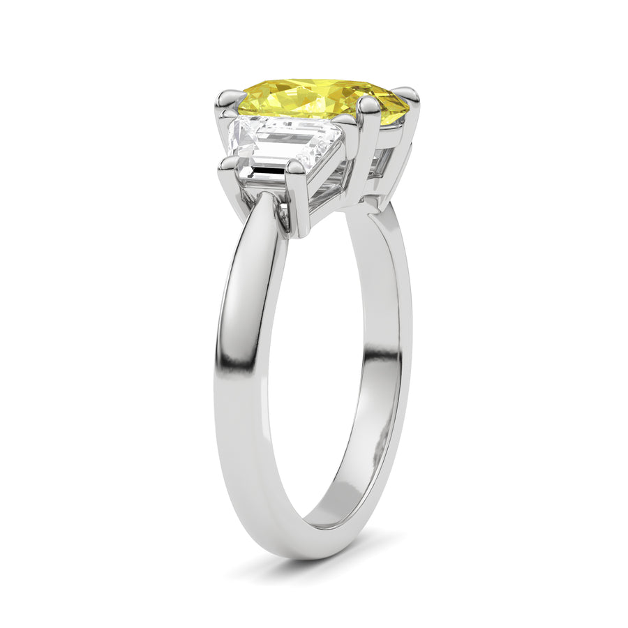 White gold Three-Stone Fancy Yellow Oval Cut Diamond Ring with Step-Cut Side Stones