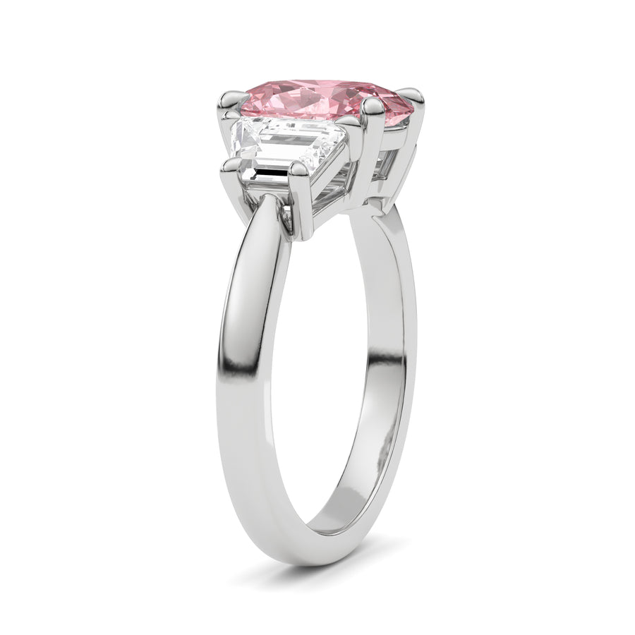 White gold Three-Stone Fancy Pink Oval Cut Diamond Ring with Step-Cut Side Stones