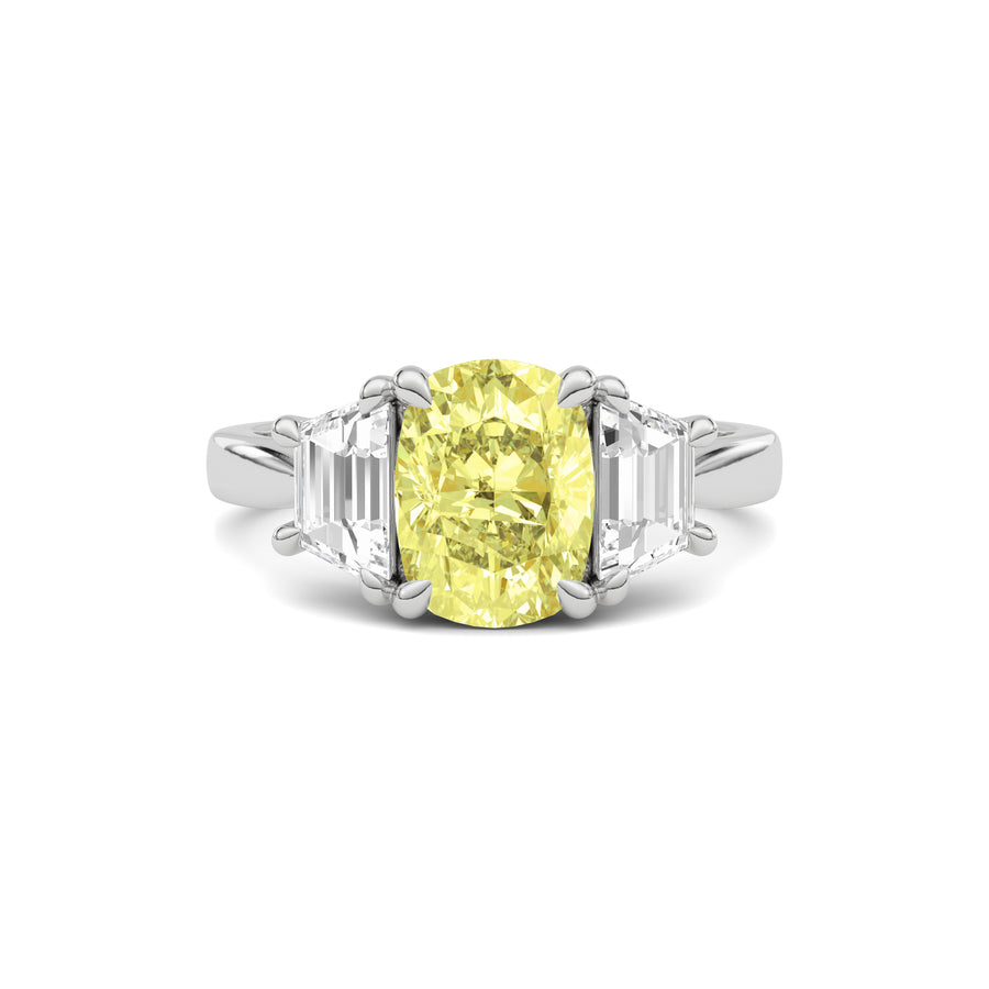 White gold Three-Stone Fancy Yellow Cushion Cut Diamond Ring with Step-Cut Side Stones