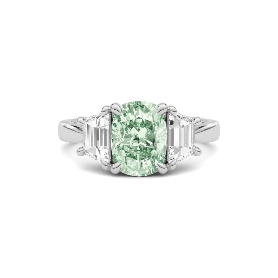 White gold Three-Stone Fancy Green Cushion Cut Diamond Ring with Step-Cut Side Stones