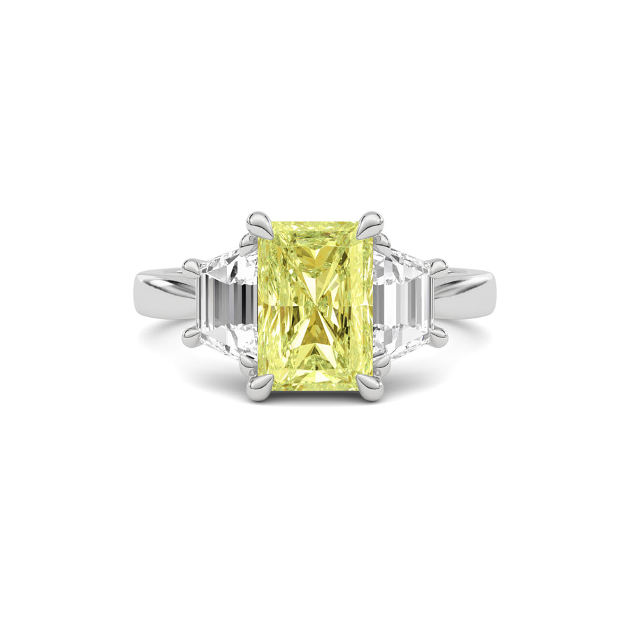 Silver Three-Stone Fancy Yellow Radiant Cut Diamond Ring with Step-Cut Side Stones