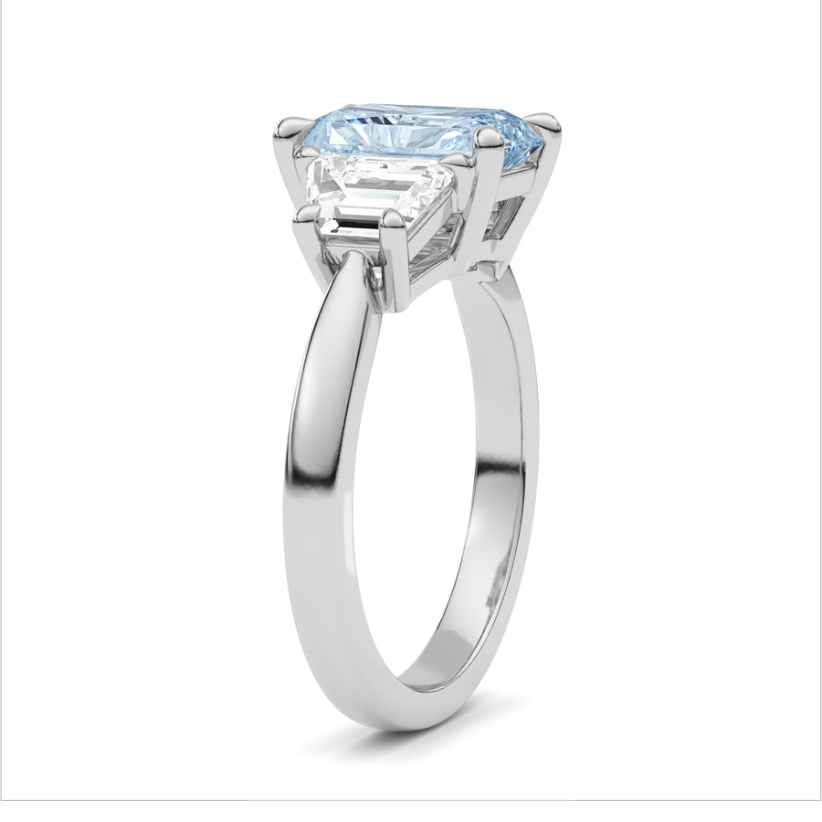 Silver Three-Stone Fancy Blue Radiant Cut Diamond Ring with Step-Cut Side Stones