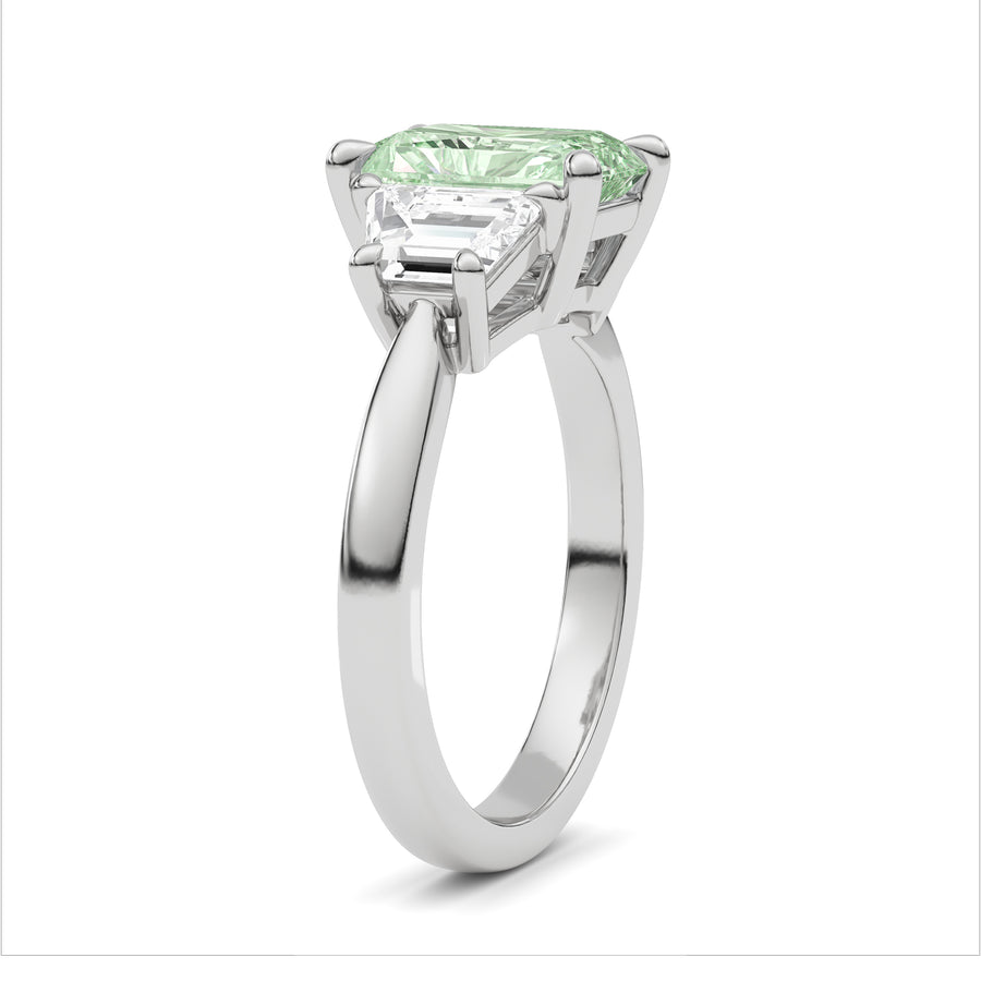 Silver Three-Stone Fancy Green Radiant Cut Diamond Ring with Step-Cut Side Stones