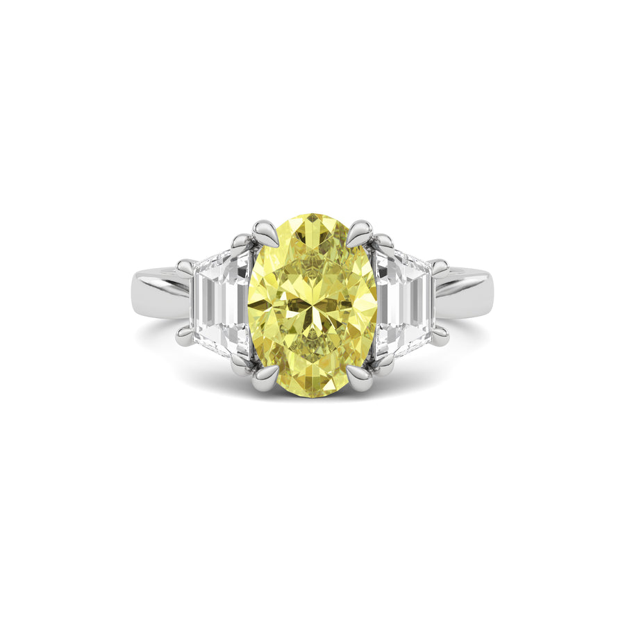 Silver Three-Stone Fancy Yellow Oval Cut Diamond Ring with Step-Cut Side Stones