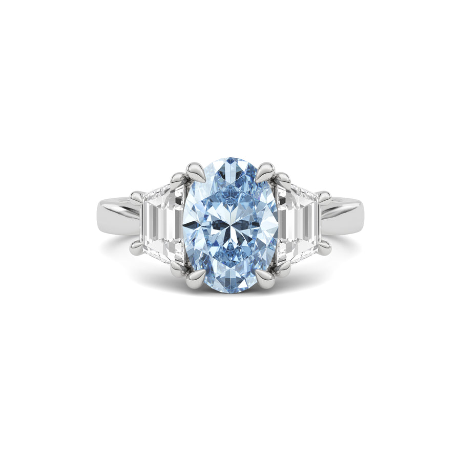 Silver Three-Stone Fancy Blue Oval Cut Diamond Ring with Step-Cut Side Stones