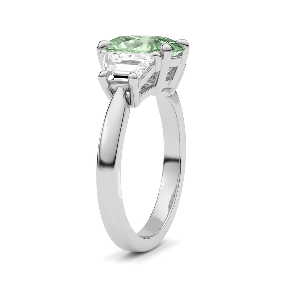 Silver Three-Stone Fancy Green Oval Cut Diamond Ring with Step-Cut Side Stones