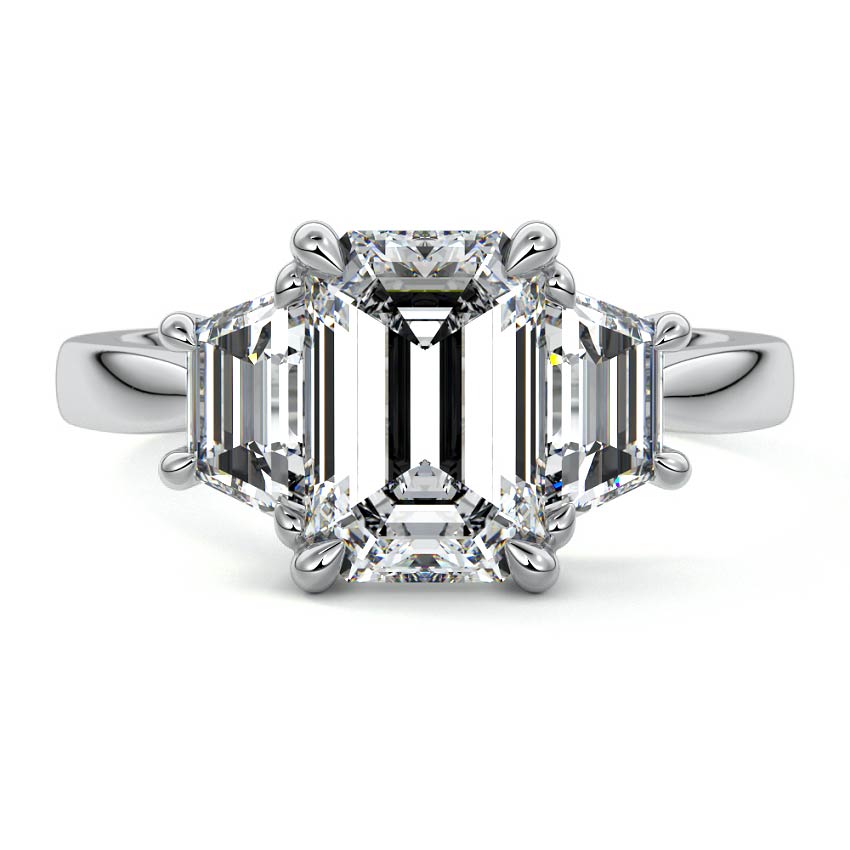 Silver Three-Stone Emerald Diamond Ring with Step-Cut Side Stones