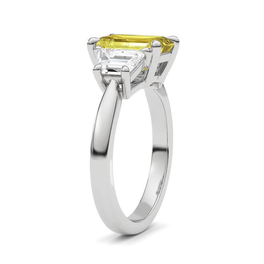Silver Three-Stone Fancy Yellow Emerald Cut Diamond Ring with Step-Cut Side Stones
