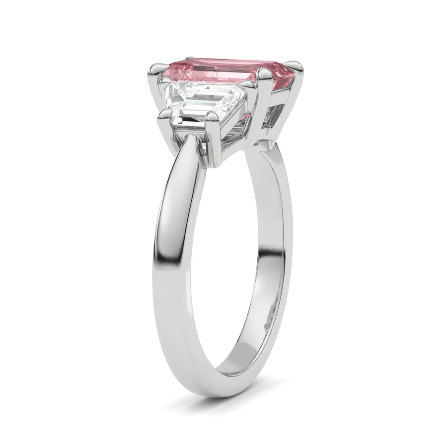 Silver Three-Stone Fancy Pink Emerald Cut Diamond Ring with Step-Cut Side Stones