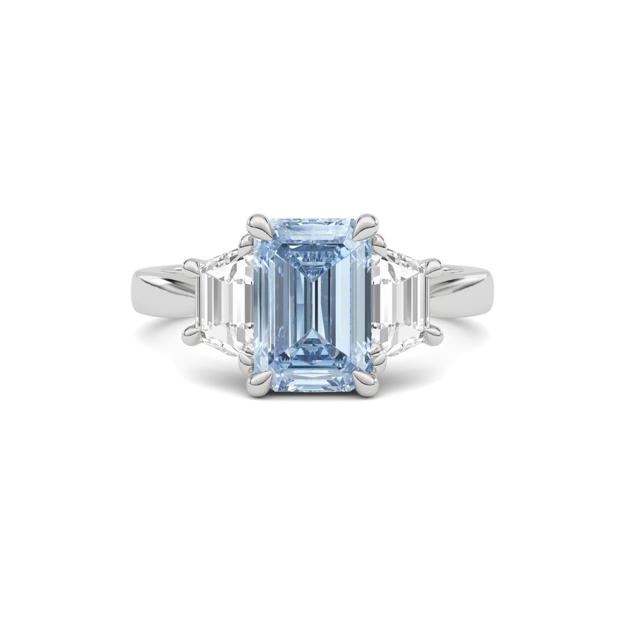 Silver Three-Stone Fancy Blue Emerald Cut Diamond Ring with Step-Cut Side Stones
