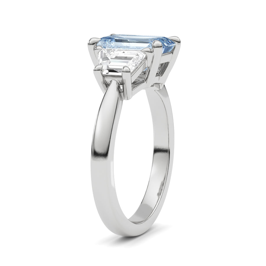 Silver Three-Stone Fancy Blue Emerald Cut Diamond Ring with Step-Cut Side Stones