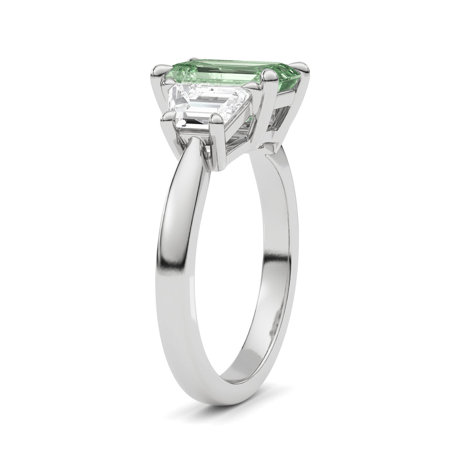 Silver Three-Stone Fancy Green Emerald Cut Diamond Ring with Step-Cut Side Stones