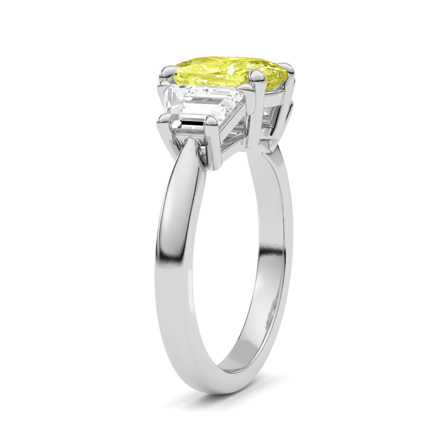 Silver Three-Stone Fancy Yellow Cushion Cut Diamond Ring with Step-Cut Side Stones