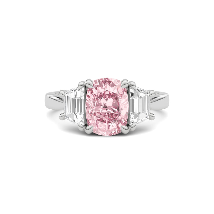 Silver Three-Stone Fancy Pink Cushion Cut Diamond Ring with Step-Cut Side Stones