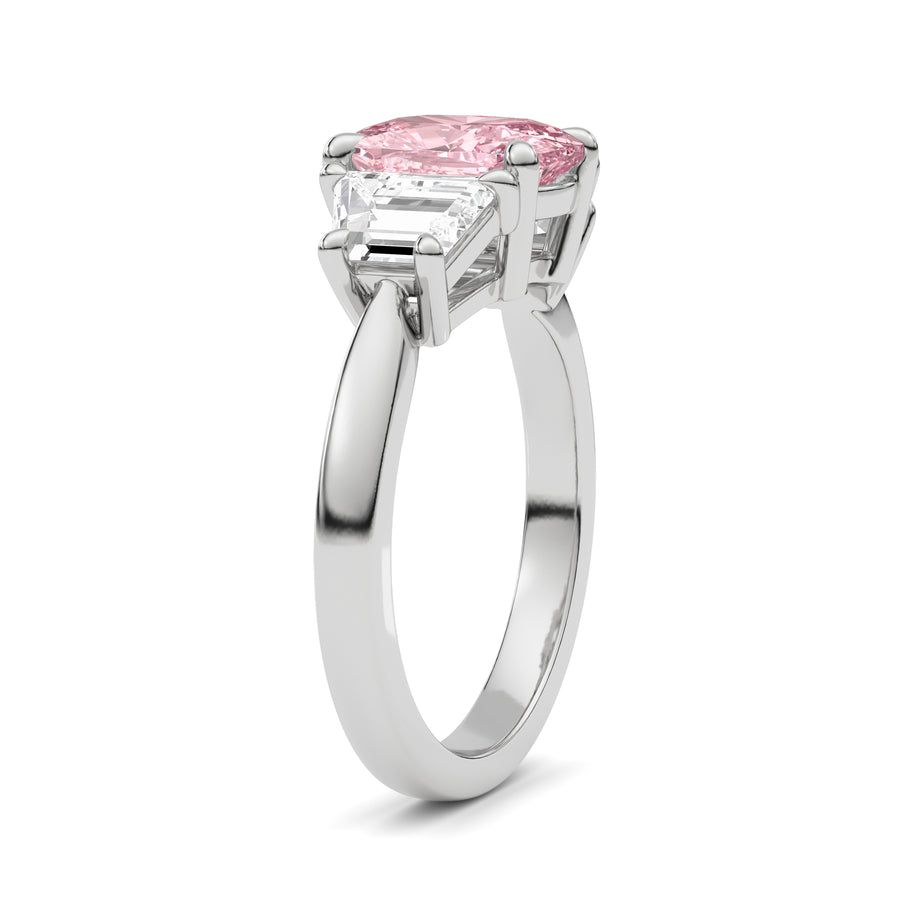 Silver Three-Stone Fancy Pink Cushion Cut Diamond Ring with Step-Cut Side Stones
