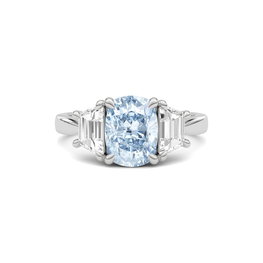 Silver Three-Stone Fancy Blue Cushion Cut Diamond Ring with Step-Cut Side Stones