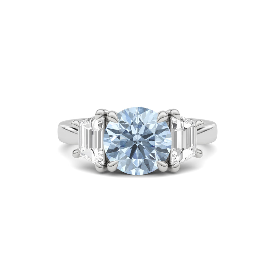 Platinum Three-Stone Fancy Blue Round Cut Diamond Ring with Step-Cut Side Stones