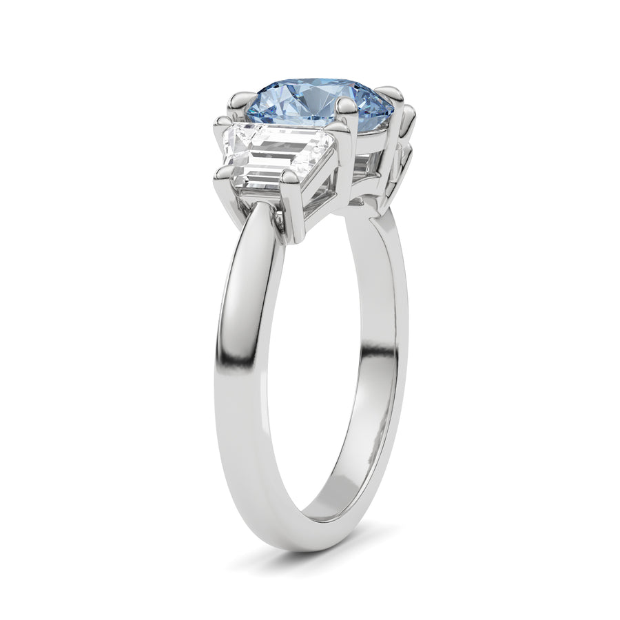 Platinum Three-Stone Fancy Blue Round Cut Diamond Ring with Step-Cut Side Stones