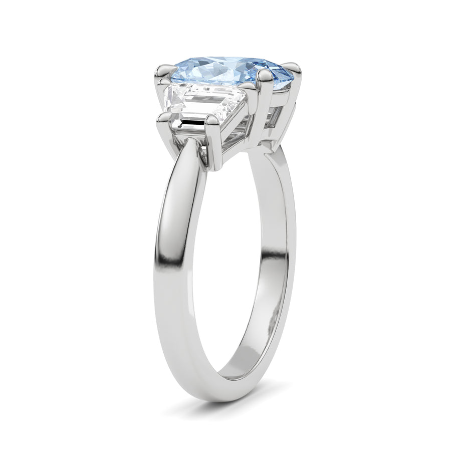 Platinum Three-Stone Fancy Blue Oval Cut Diamond Ring with Step-Cut Side Stones