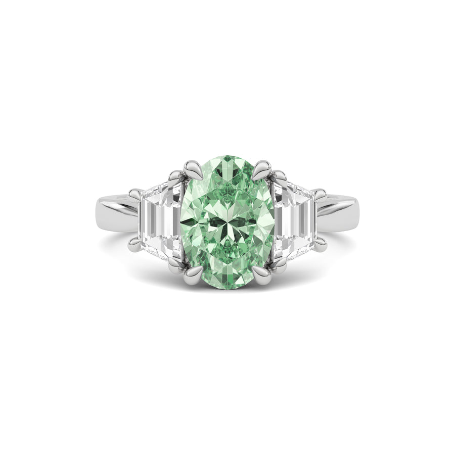 Platinum Three-Stone Fancy Green Oval Cut Diamond Ring with Step-Cut Side Stones