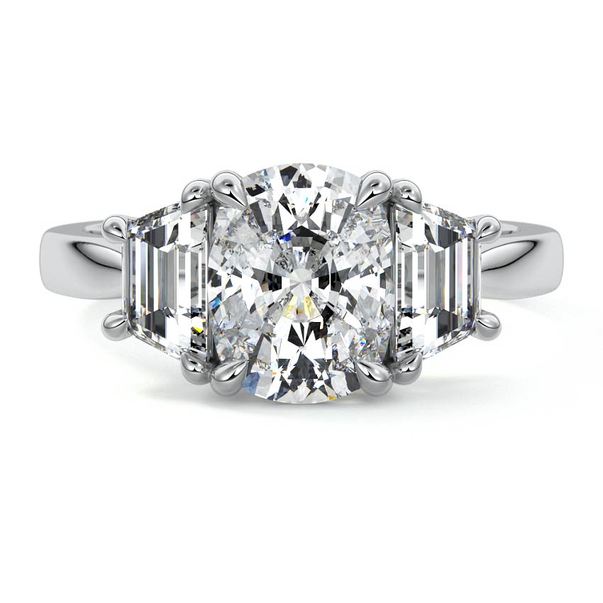 Platinum Three-Stone Cushion Diamond Ring with Step-Cut Side Stones