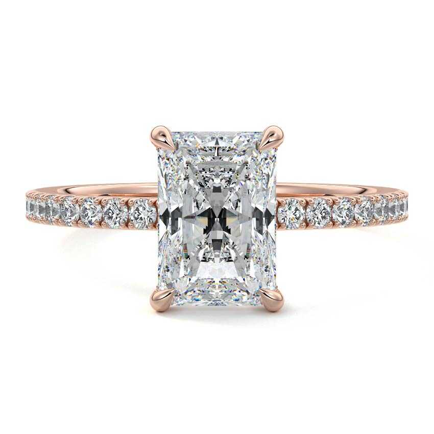 Rose gold Radiant Diamond Hidden Halo Engagement Ring with Pavé Band