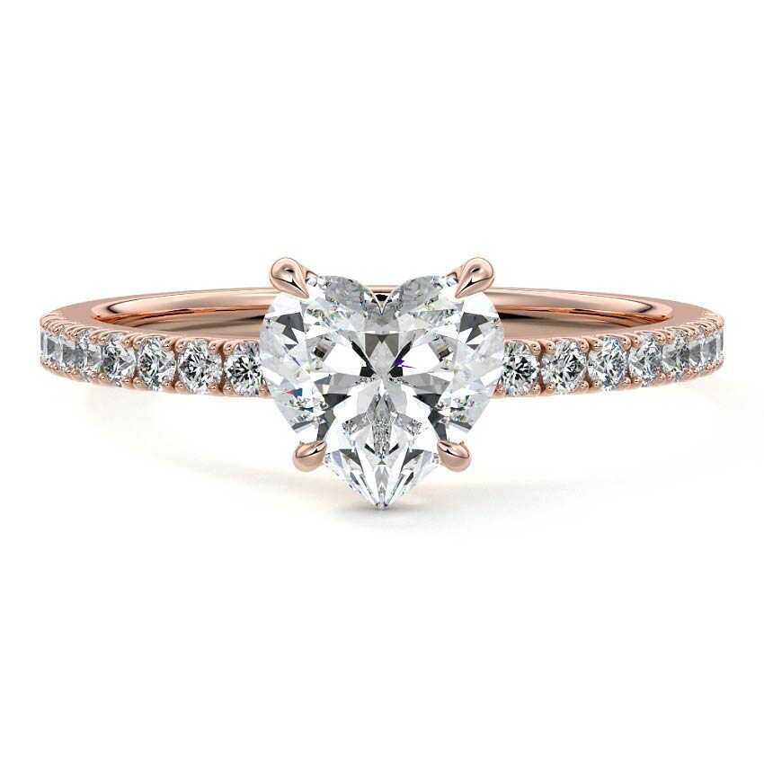 Rose gold Heart Diamond Hidden Halo Engagement Ring with Pavé Band