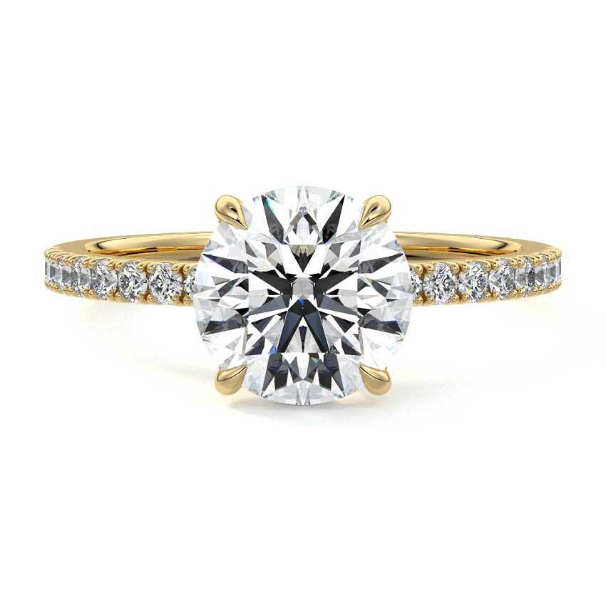 Yellow gold Round Diamond Hidden Halo Engagement Ring with Pavé Band
