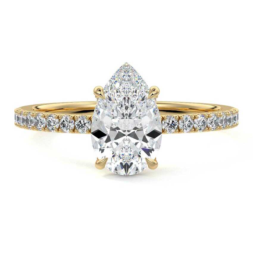 Yellow gold Pear Diamond Hidden Halo Engagement Ring with Pavé Band