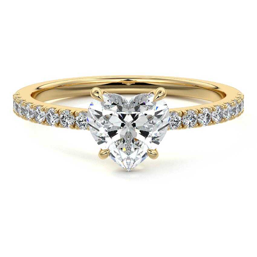 Yellow gold Heart Diamond Hidden Halo Engagement Ring with Pavé Band