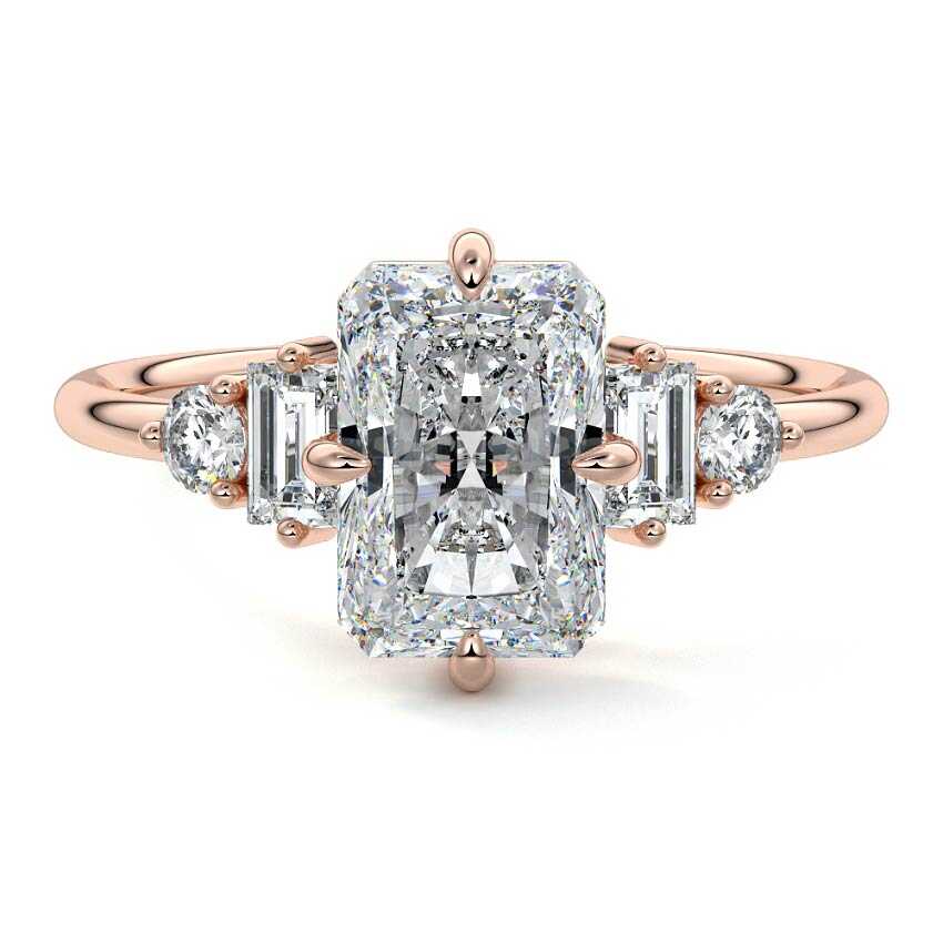 Rose gold Radiant Three Stone Diamond Engagement Ring with Tapered Baguette and Round Side Stones
