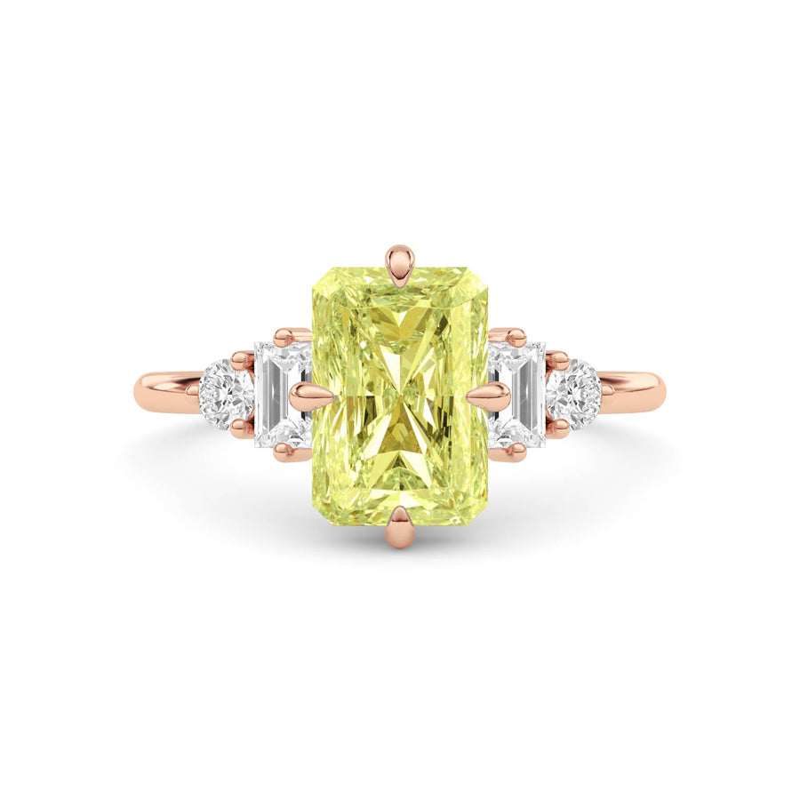Rose gold Fancy Yellow Radiant Cut Three Stone Diamond Engagement Ring with Tapered Baguette and Round Side Stones