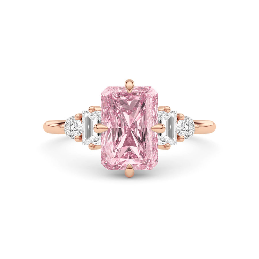 Rose gold Fancy Pink Radiant Cut Three Stone Diamond Engagement Ring with Tapered Baguette and Round Side Stones