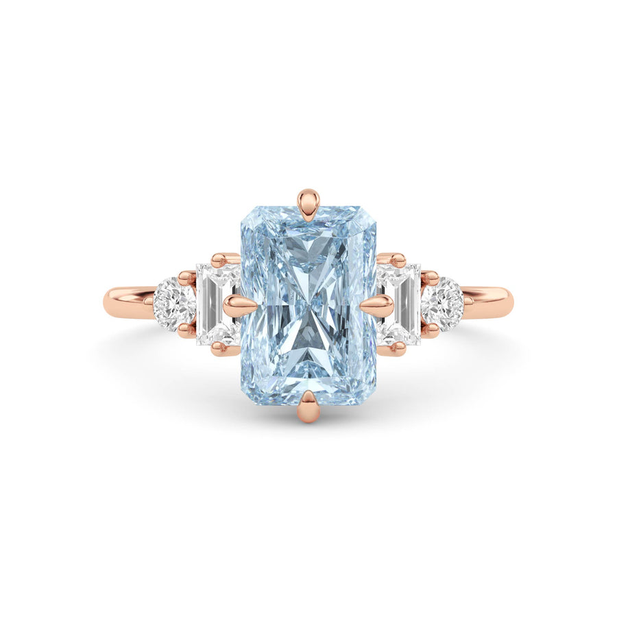 Rose gold Fancy Blue Radiant Cut Three Stone Diamond Engagement Ring with Tapered Baguette and Round Side Stones
