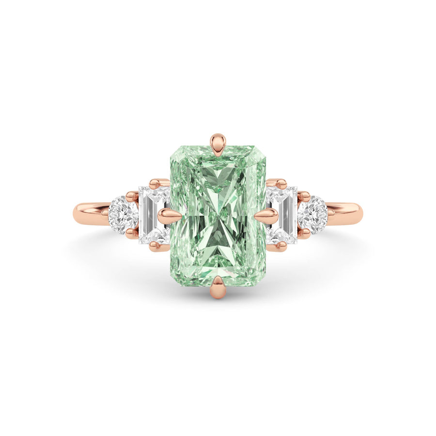 Rose gold Fancy Green Radiant Cut Three Stone Diamond Engagement Ring with Tapered Baguette and Round Side Stones