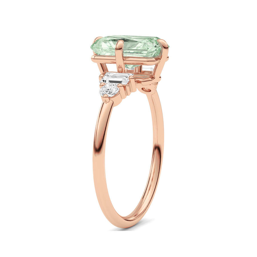 Rose gold Fancy Green Radiant Cut Three Stone Diamond Engagement Ring with Tapered Baguette and Round Side Stones