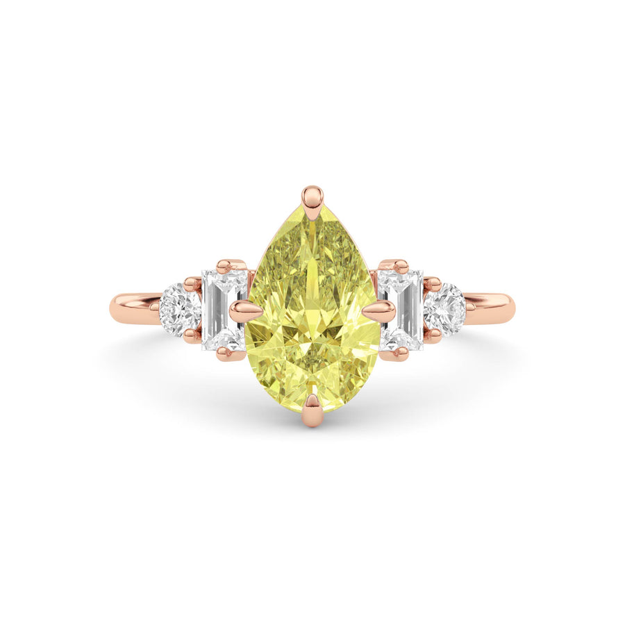 Rose gold Fancy Yellow Pear Cut Three Stone Diamond Engagement Ring with Tapered Baguette and Round Side Stones