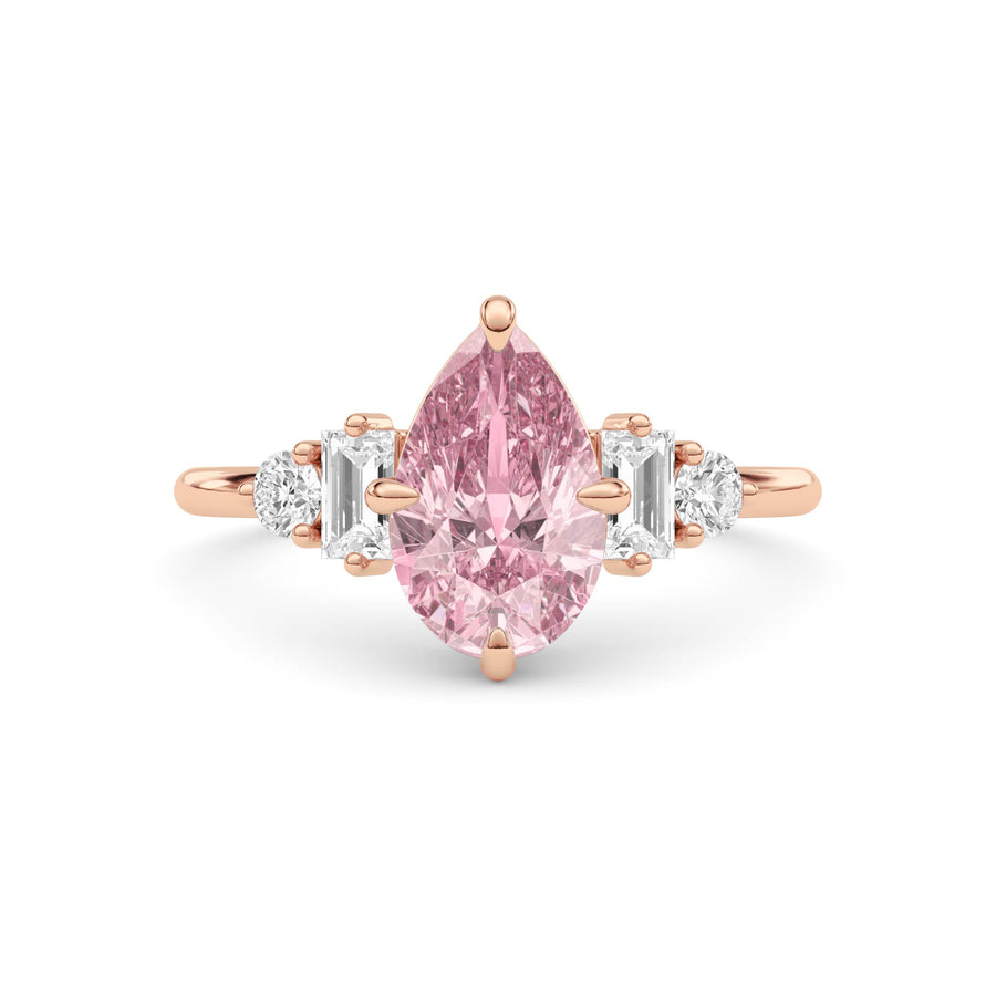 Rose gold Fancy Pink Pear Cut Three Stone Diamond Engagement Ring with Tapered Baguette and Round Side Stones