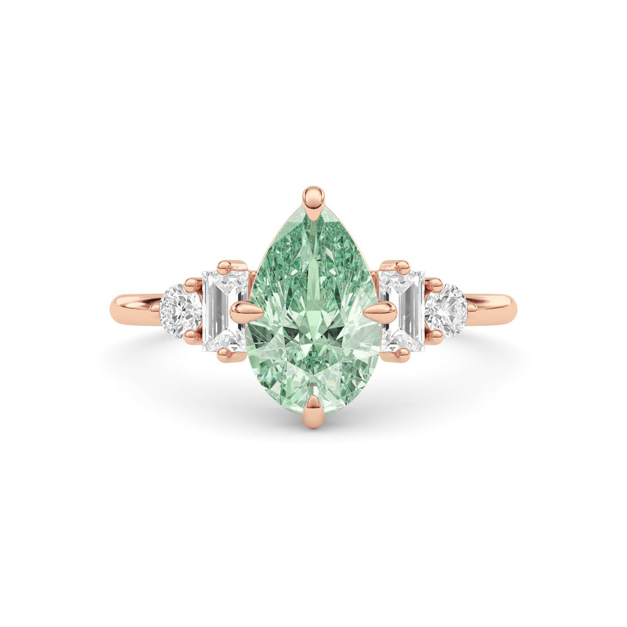 Rose gold Fancy Green Pear Cut Three Stone Diamond Engagement Ring with Tapered Baguette and Round Side Stones