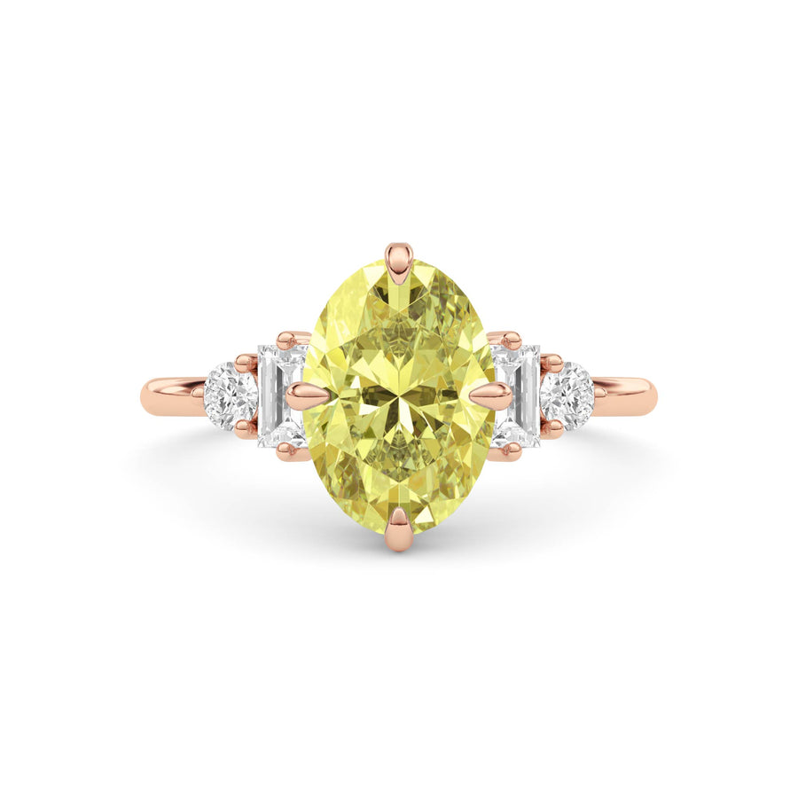 Rose gold Fancy Yellow Oval Cut Three Stone Diamond Engagement Ring with Tapered Baguette and Round Side Stones