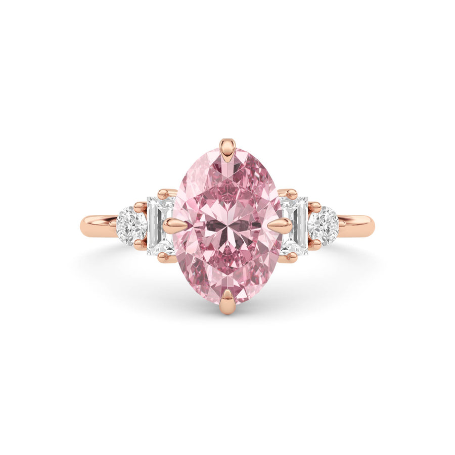 Rose gold Fancy Pink Oval Cut Three Stone Diamond Engagement Ring with Tapered Baguette and Round Side Stones