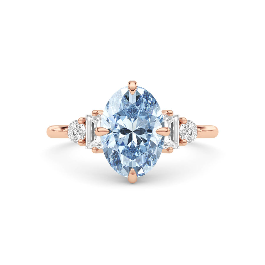 Rose gold Fancy Blue Oval Cut Three Stone Diamond Engagement Ring with Tapered Baguette and Round Side Stones