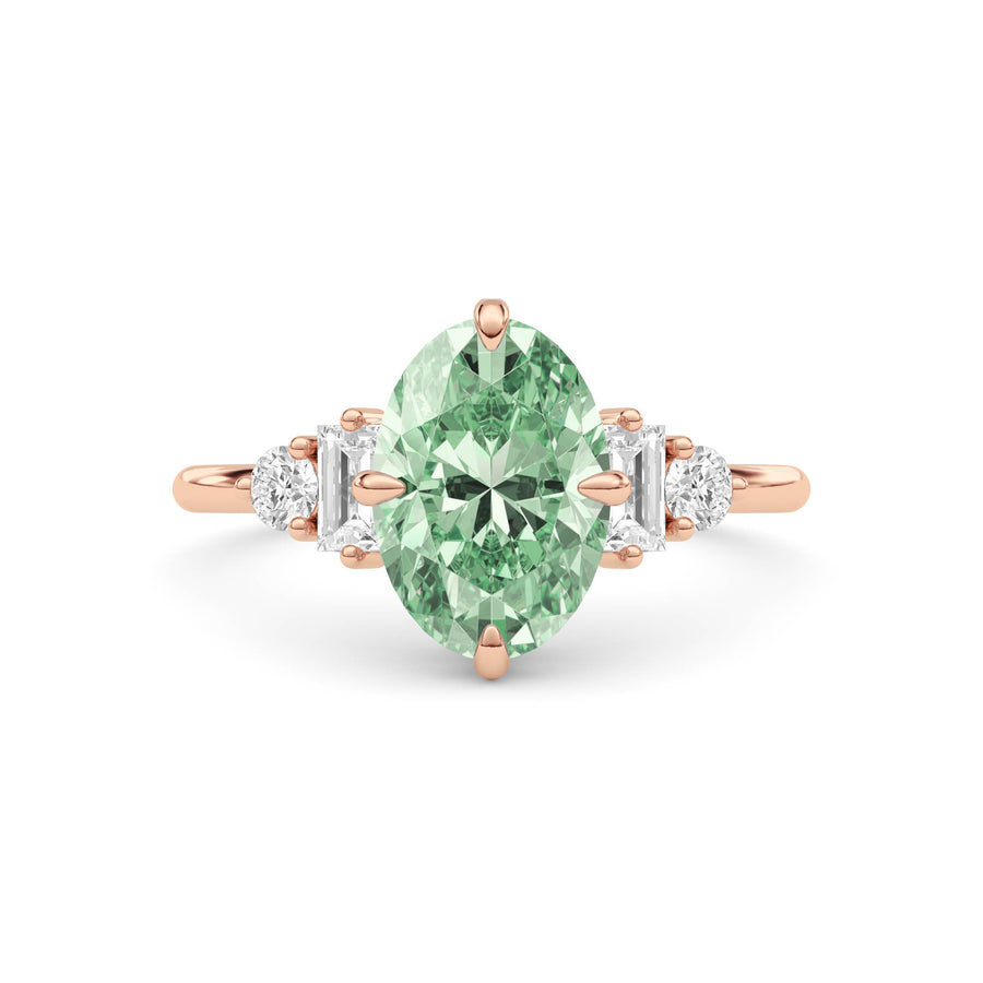 Rose gold Fancy Green Oval Cut Three Stone Diamond Engagement Ring with Tapered Baguette and Round Side Stones