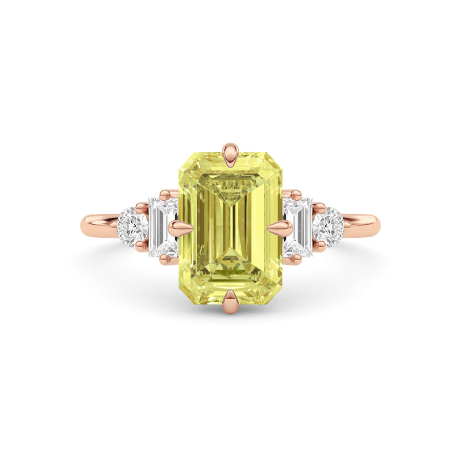 Rose gold Fancy Yellow Emerald Cut Three Stone Diamond Engagement Ring with Tapered Baguette and Round Side Stones