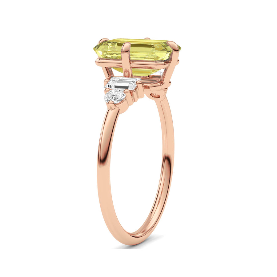 Rose gold Fancy Yellow Emerald Cut Three Stone Diamond Engagement Ring with Tapered Baguette and Round Side Stones