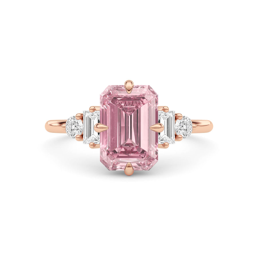 Rose gold Fancy Pink Emerald Cut Three Stone Diamond Engagement Ring with Tapered Baguette and Round Side Stones